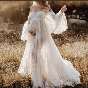 Lukalula Maternity Off-shoulder White Sheer Lace Photoshoot Baby Shower Gown